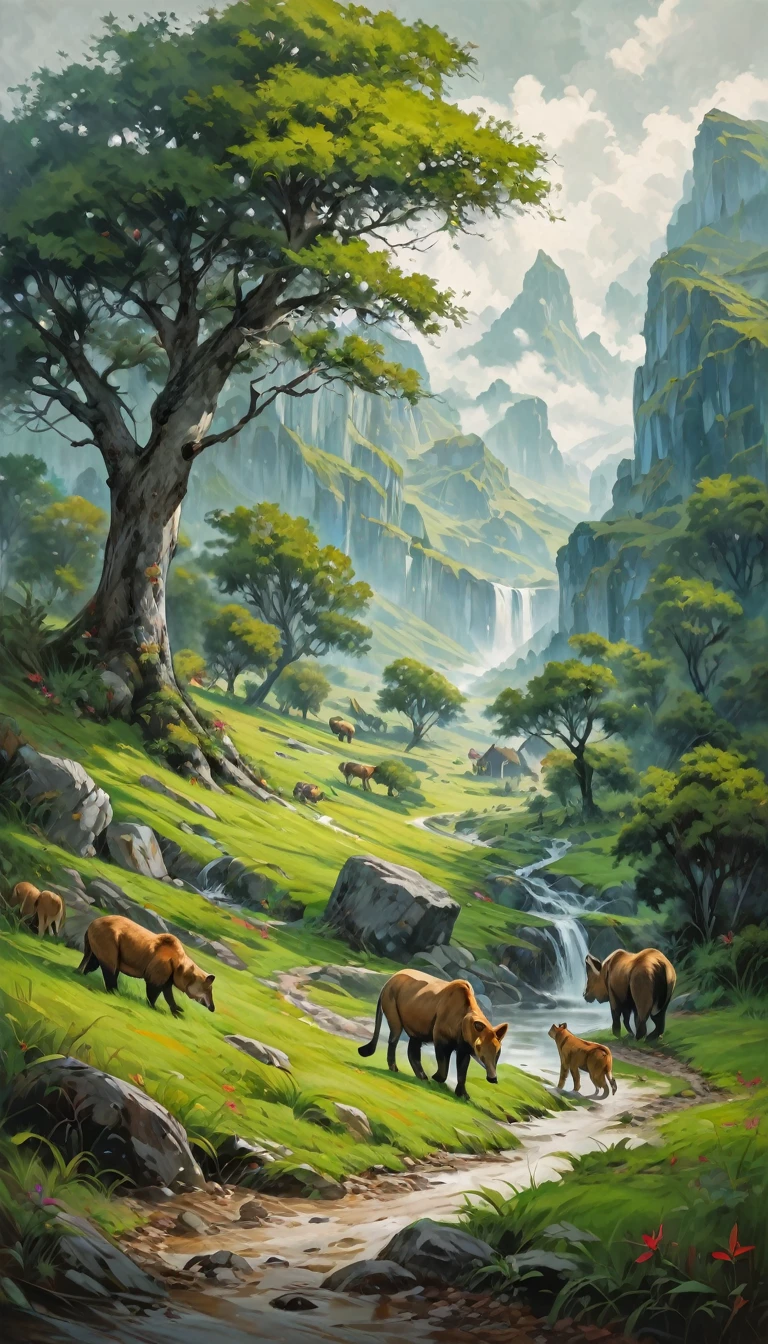 artist by Gustavo ‘Ciruelo’ Cabral,inside the village,wild animals,light tones,(smooth strokes),fine sketches,Vivid,Moody,Landscapes,Fantasy,Dark,landscape oil painting, red and green colors
