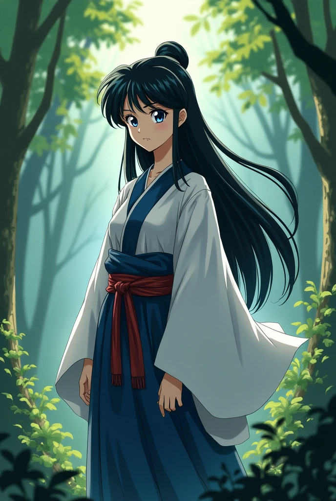 Inuyasha style image of a white-skinned girl, blue eyes, an oval face with a serious expression, essentially similar to Ahome Higurashi, long black hair tied up completely wearing a priestess outfit, full body in a forest