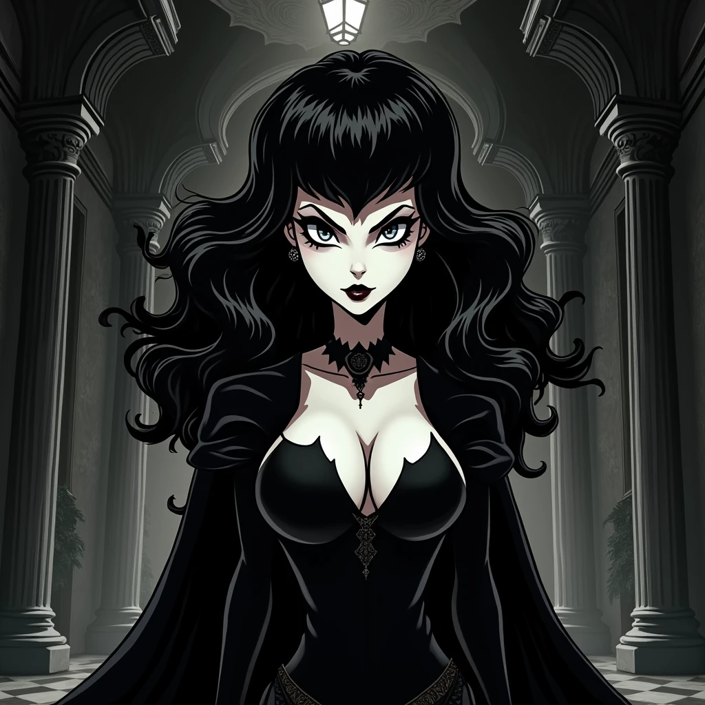 (1girl, Elvira), (extremely detailed CG unit 8k wallpaper),(master part), (best quality), (ultra detail), (best illustration),(TimBurton Animation), cowboy shot, (Sharp eyeliner, ombre, detail eyes), dark dungeon interiors background, ,break , (vamptech), big breasts, cleavage, black dress, sexy,