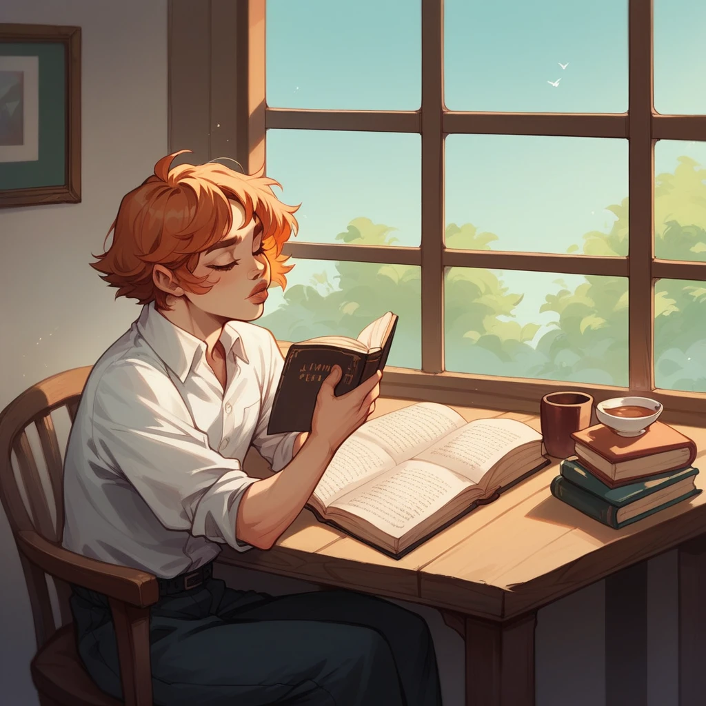 with long, white copper hair, thick lips. Sitting at a white table, reading a book and in the background on the wall with a window.
