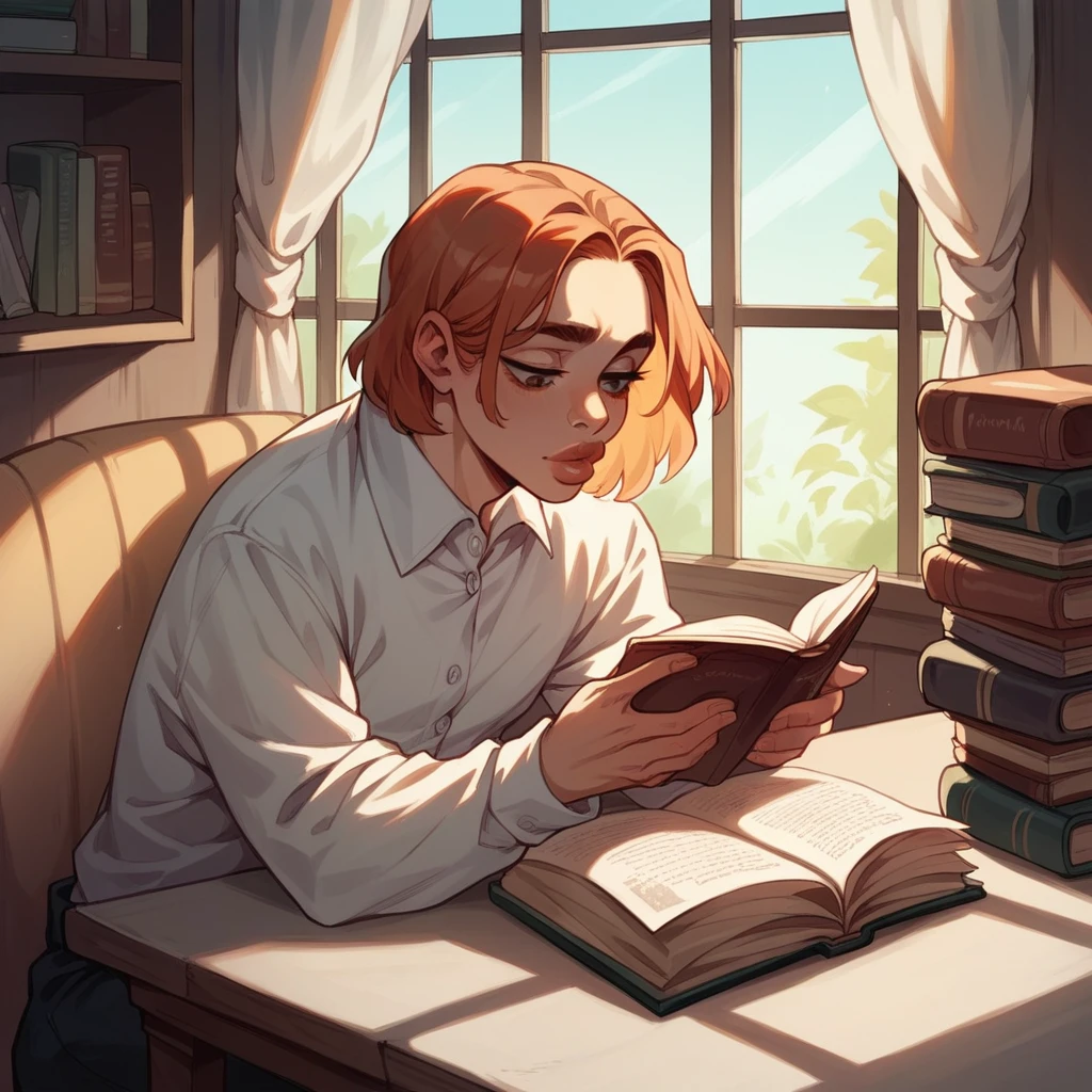 with long, white copper hair, thick lips. Sitting at a white table, reading a book and in the background on the wall with a window.