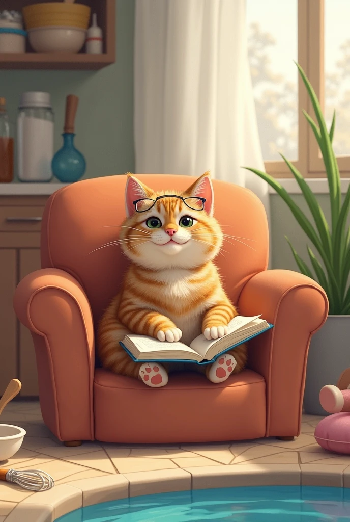 Make a brown and gray themed wallpaper for a cat who loves to read book, bake, swimming and cats. Make the picture long