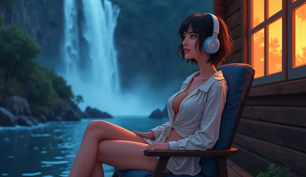 sexy hot girl with short hair wearing pajama, his big breast half open, at night. relaxed listening to music with headphones., sitting on the chair outside cabin very close high detail huge waterfall. Anime style, Lo-fi,vibrant Ambiance
