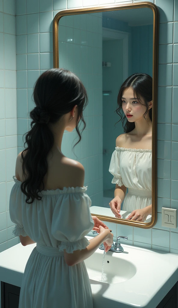 ((best quality)), ((Masterpiece)), (details), As Mind was washing her hands in the sink, she noticed an unfamiliar reflection in the mirror. It was the reflection of another girl standing behind her.
