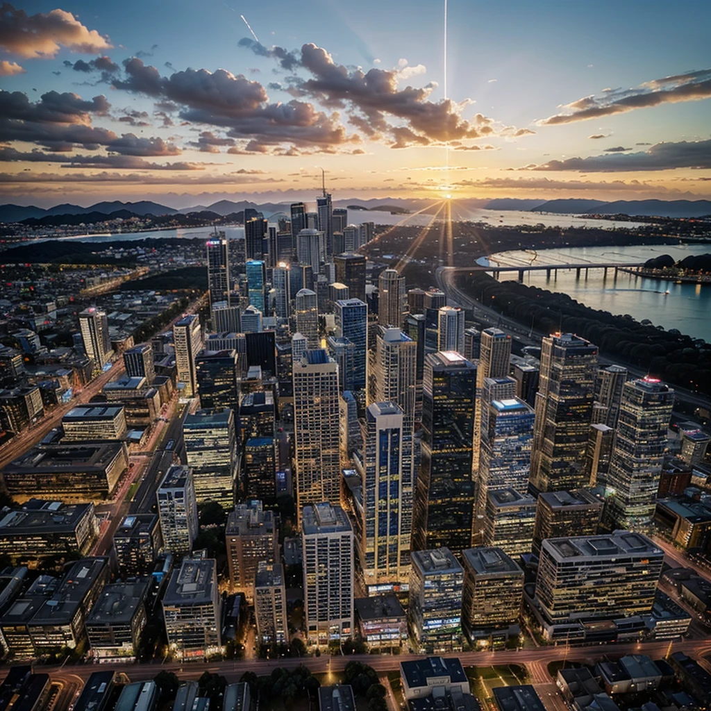 A hyper-realistic photo of the New Zealand city with bright and beautiful colors. The photo is taken from a low angle, emphasizing the tall skyscrapers with reflective glass facades. The buildings are illuminated by the setting sun, casting a warm glow on the city. The sky is a mix of pink, orange, and blue hues. The ground is paved with concrete.