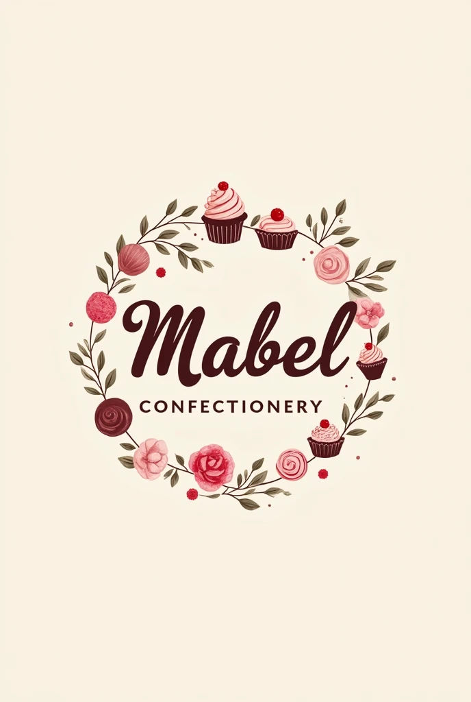 create a logo with the name mabel and below confectionery, in brown and pink colors with sweets and details