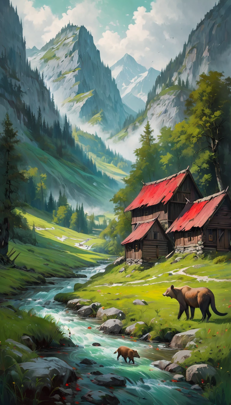 artist by Dariusz Zawadzki,inside the village,wild animals,light tones,(smooth strokes),fine sketches,Vivid,Moody,Landscapes,Fantasy,Dark,landscape oil painting, red and green colors