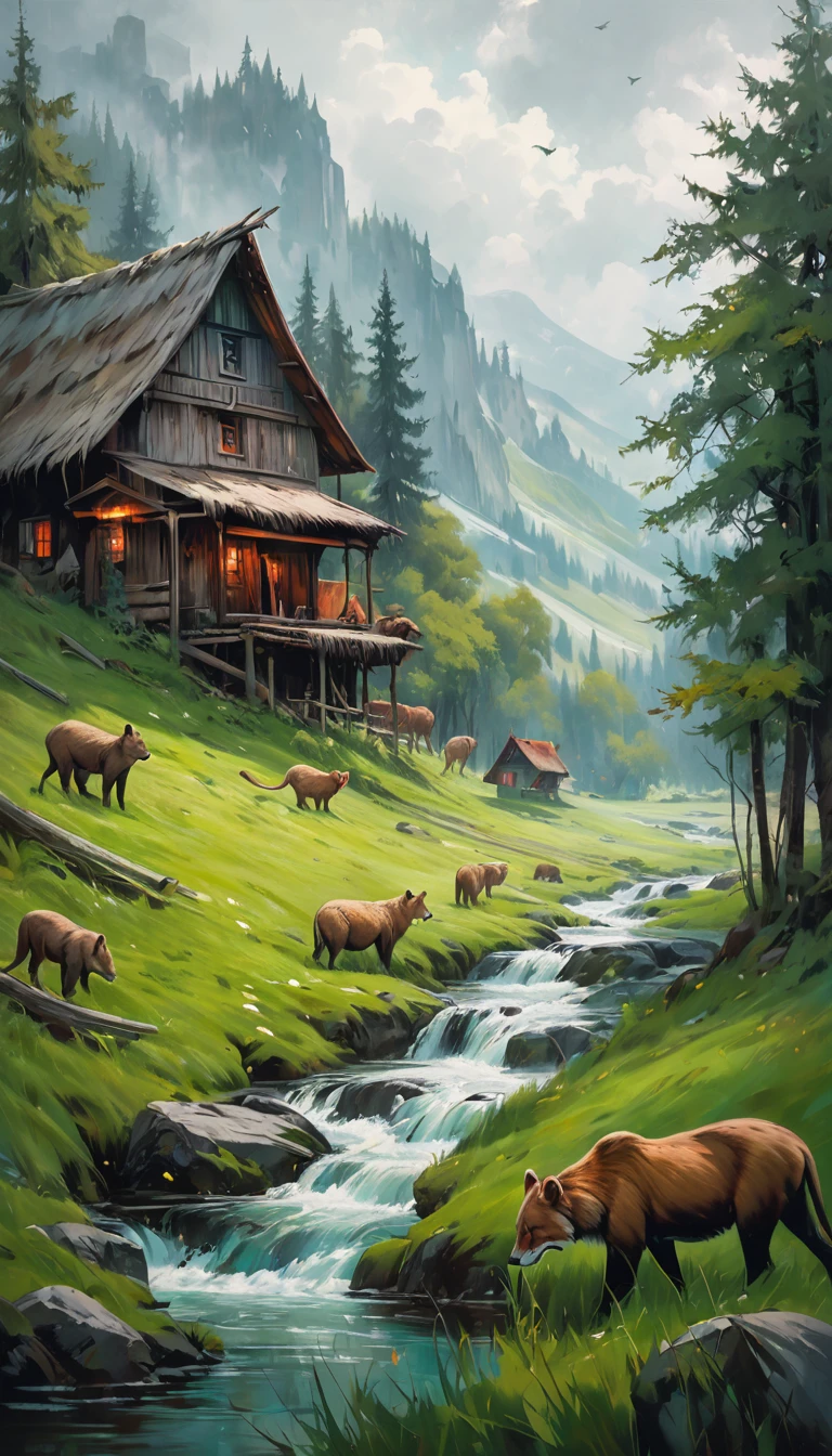 artist by Dariusz Zawadzki,inside the village,wild animals,light tones,(smooth strokes),fine sketches,Vivid,Moody,Landscapes,Fantasy,Dark,landscape oil painting, red and green colors
