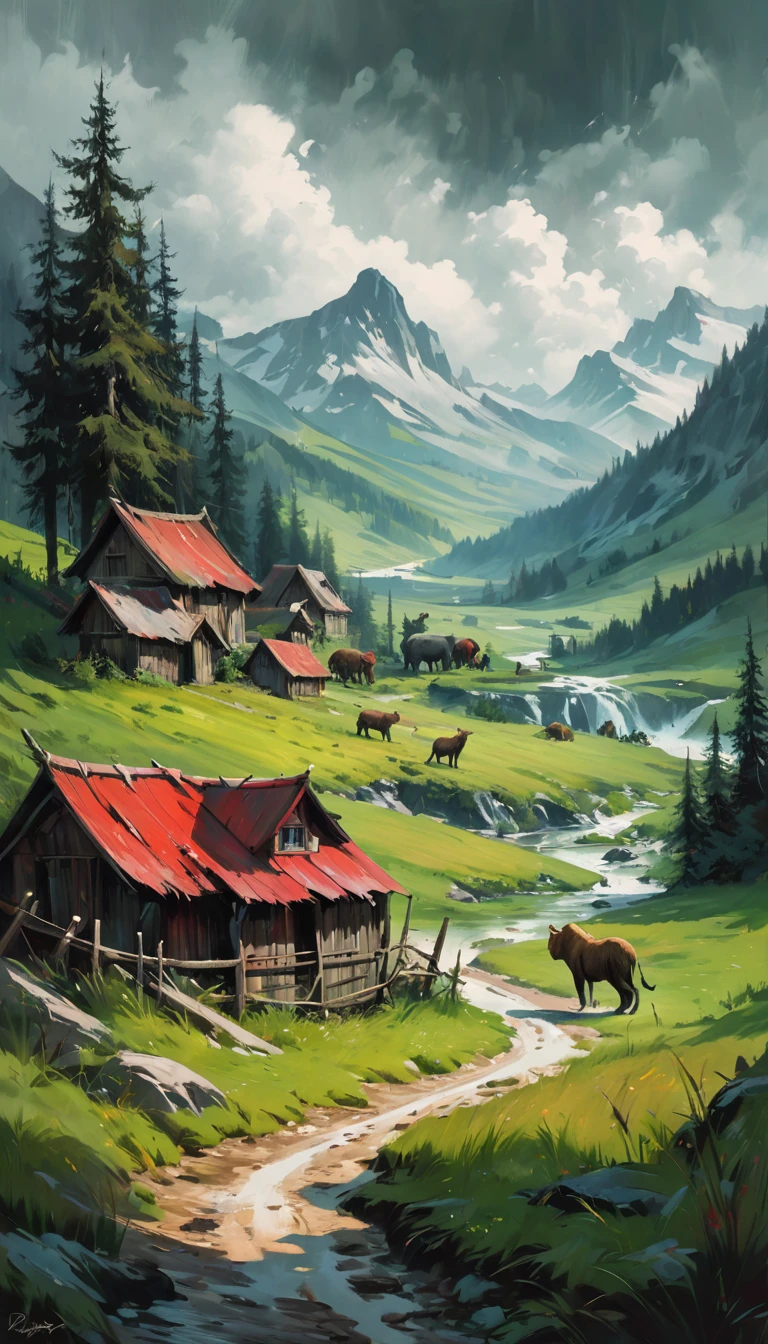 artist by Dariusz Zawadzki,inside the village,wild animals,light tones,(smooth strokes),fine sketches,Vivid,Moody,Landscapes,Fantasy,Dark,landscape oil painting, red and green colors