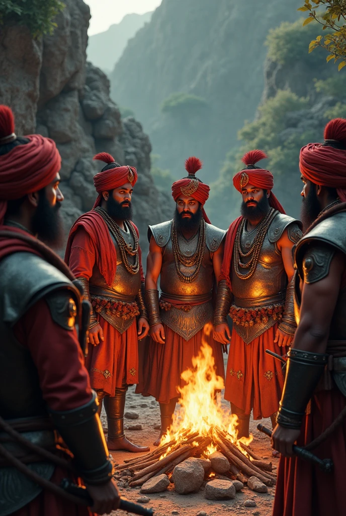 Maharana Pratap’s Loyal Followers: A gathering of Maharana Pratap’s loyal Rajput warriors, showing their unwavering dedication. The warriors are seen discussing strategies, their faces determined, ready to continue the fight for their homeland.