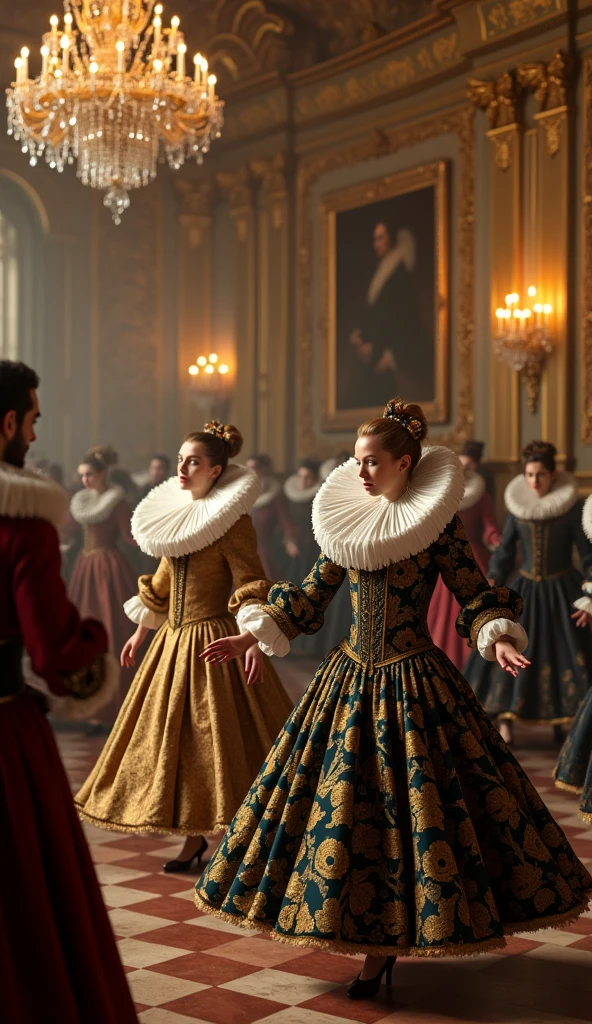 An extravagant 17th-century ball, with nobles dancing gracefully, all wearing large ruff collars that hinder their movements. The opulent surroundings, with chandeliers and gilded decorations, contrast with the awkwardness of the oversized collars. Use cinematic coloring to enhance the luxurious atmosphere.