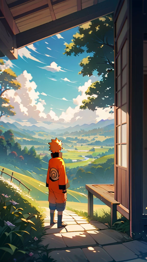 Generate an 8K AI image showcasing a young Naruto Uzumaki standing in a picturesque landscape, with a serene and peaceful atmosphere. The camera is positioned at a long distance, capturing Naruto's smiling face as he gazes out at the beauty around him. Surrounding Naruto is a tranquil scene of rolling hills, vibrant meadows, and clear blue skies dotted with fluffy clouds. The sunlight gently bathes the landscape, casting warm hues across the scene and creating a sense of calm and contentment. Ensure Naruto's expression reflects his youthful exuberance and joy, perfectly complementing the beauty of the peaceful background.