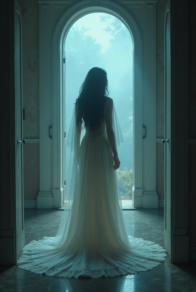 

In an abandoned mansion on the edge of a foggy lake, the ghost bride of an ancient tragedy awaits. Her dress, a creation of lace and white silk, is adorned with delicate flowers and jewels that glow faintly in the shadows. Her hair is long and flowing, with an ethereal beauty that contrasts with her melancholic and mysterious gaze. Their eyes, a mixture of sadness and anger, can capture those who look at them in a deep and disturbing gaze. 

during at night, the mansion fills with a cold mist, and the mirror in the hall reflects the image of the bride in her happiest and most tragic moments. Whispers from the past echo through the halls, and legend has it that anyone who dares to invoke his name in a mirror at midnight will be trapped in a web of terror and regret. Her story is a tale of lost love and betrayal., and his presence still cries out for justice and redemption, shrouded in a mystery that intertwines with the supernatural and the beautiful.

