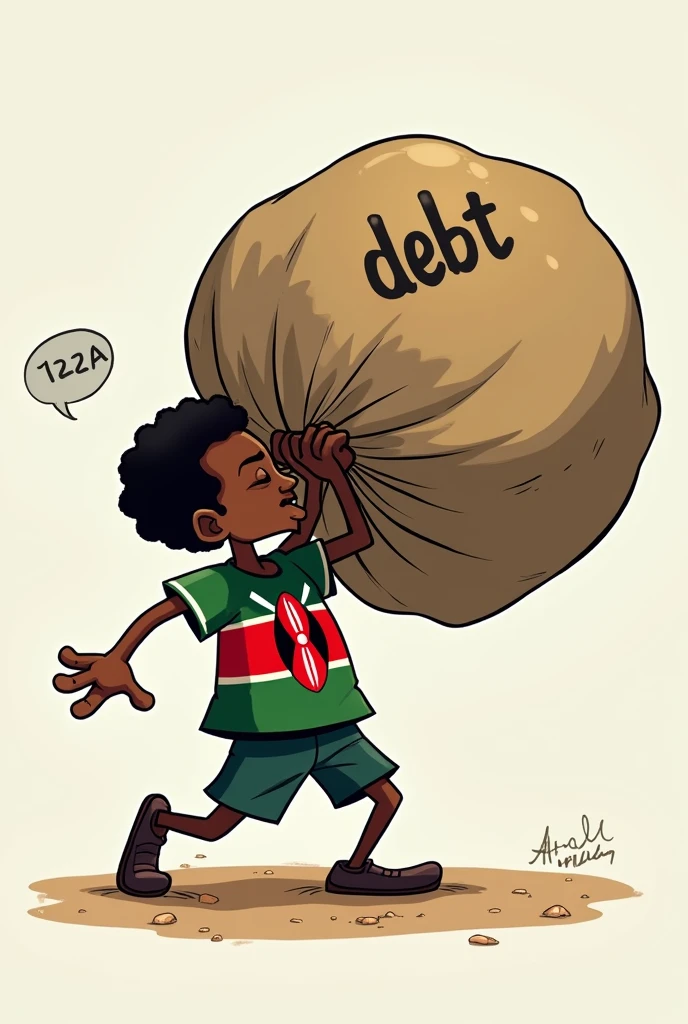  Cartoon wearing tshirt with kenyan flag colors and trying to lift heavy load labelled debt