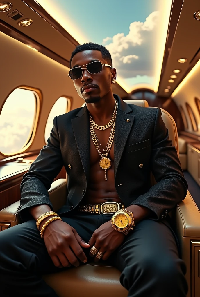 A rap star in his jet. He has a gold chain, a gold watch