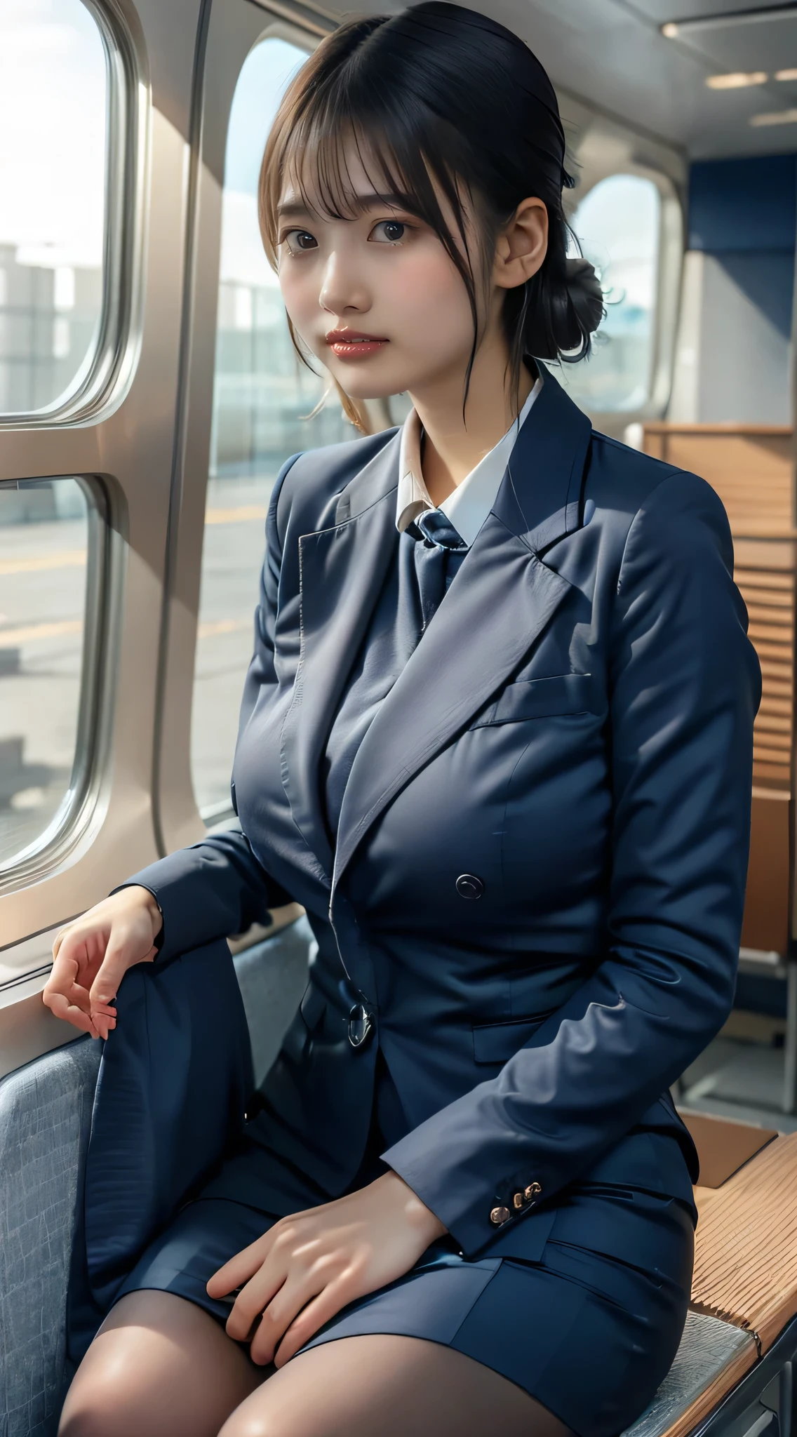 (8k, Highest quality, masterpiece:1.2), (Realistic, photo-Realistic:1.37), (High color saturation:1.0), (Very detailed肌), (Highest quality:1.0), (Ultra-high resolution:1.0) ,(Realistic:1.0), (Very detailed:1.0), (8k, RAW Photos:1.1)、Standing Random Pose, smile, Natural Breasts, Perfect lighting, Three people, 24-years-old, (mysterious), Clear and detailed, ((Ana_flight attendant, 青いflight attendant_uniform)), Beige pantyhose, (aircraft, aircraft seats), Cute Face, See the viewer behind, Visual Panty Line, ((Updo:1.35))