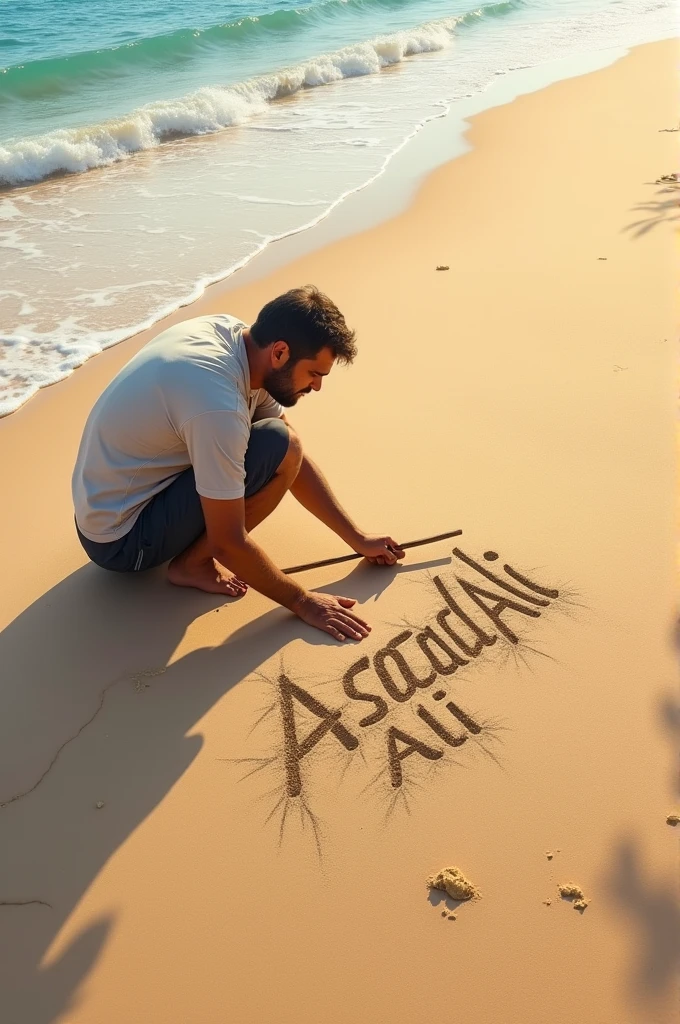 A man age 38 is writing a person's name his name is Asoad Ali he is writing this name with a stick on the beach