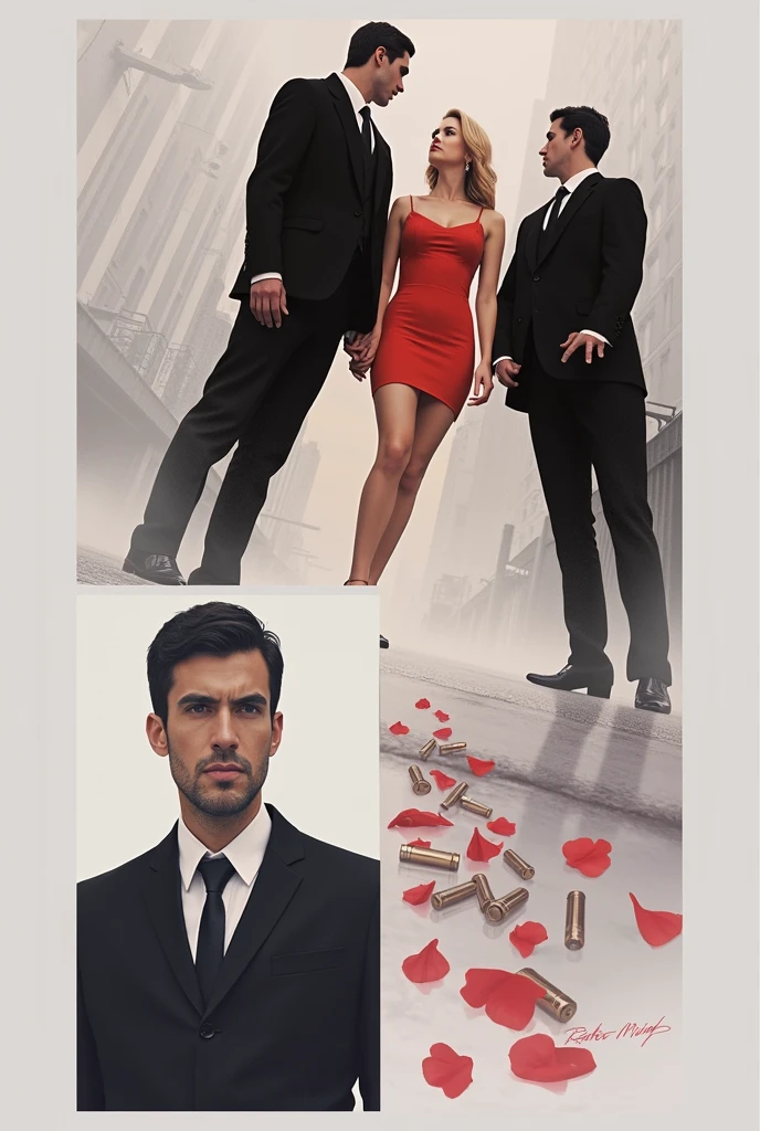 A background of a dark street with bullets and red rose petals on the ground, The girl is between the two men who are almost two meters tall., The girl has a sexy red dress and the men are wearing tailored black suits. The images I put are just for you to use the faces as a reference, make an edit like i asked you