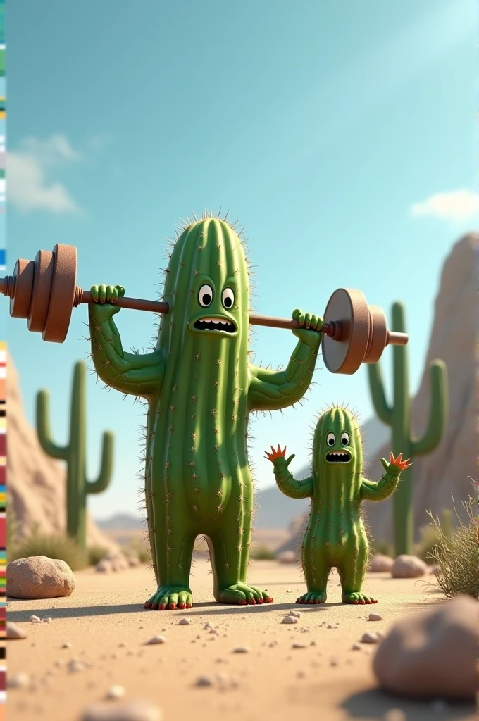A cactus performing an exercise called sumo deadlift high pull while a female cactus cheers him on