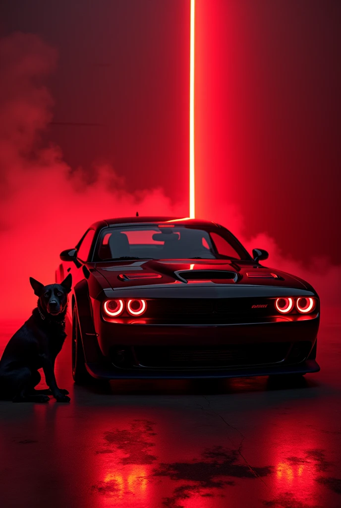 Dodge Challenger SRT hellcat red eye in black colour with red light and a Libra dog aside it