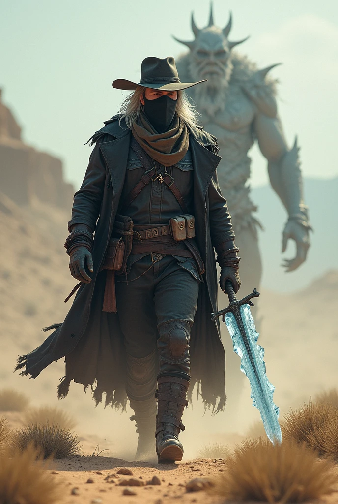 A monster hunter who wears dark, western-style clothing. (cowboy hat, cloth mask on the mouth and leather clothes). He has white hair and he holds an ice sword and is walking in a barren desert., a snow biome is visible behind it. There's a monster behind him