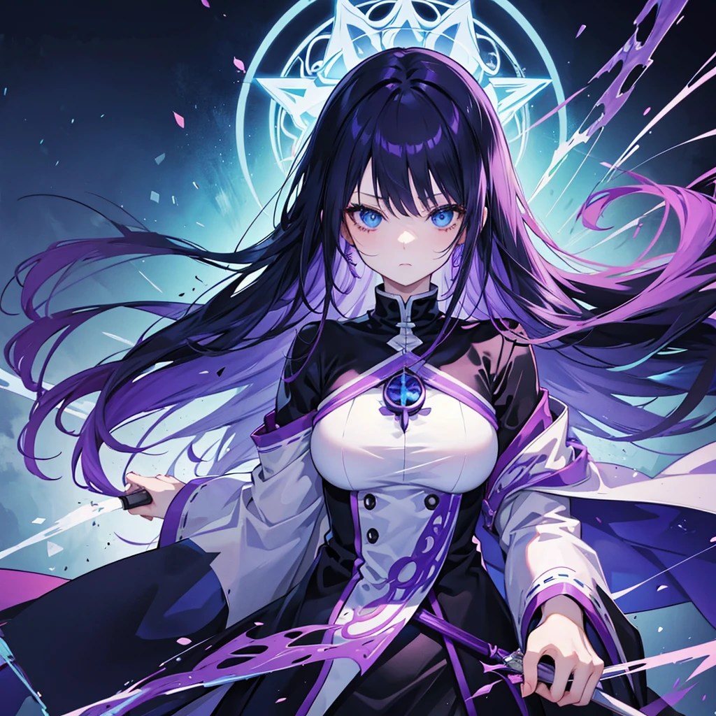 Anime character, female, blue eyes, long hair, black and purple hair, cold face, mage outfit