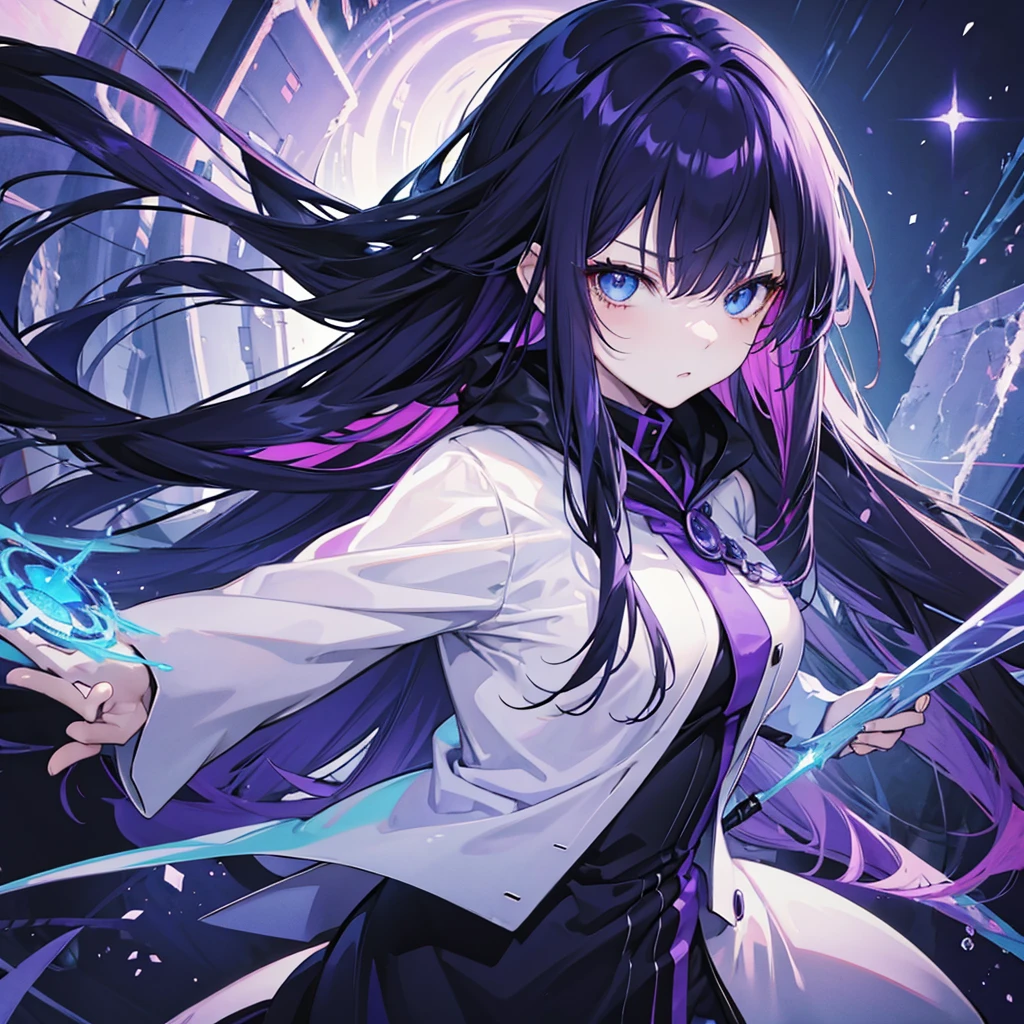 Anime character, female, blue eyes, long hair, black and purple hair, cold face, mage outfit
