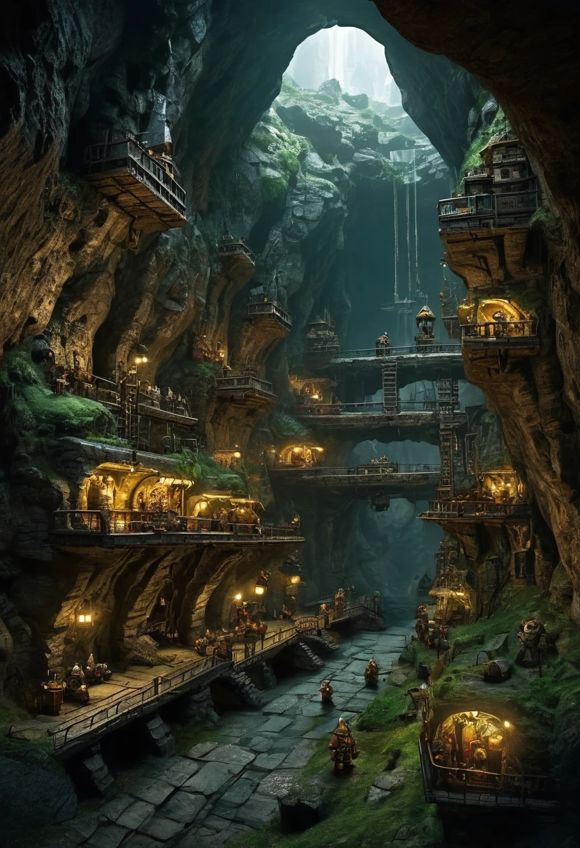 Big underground dwarf city with working dwarfs and machinery