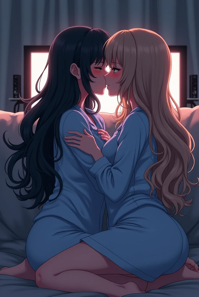 two beautiful anime women making out on their couch, dark, soft light from the TV, missionary position, one with long silk black hair and one with long curly light brown hair, in blue pajamas.