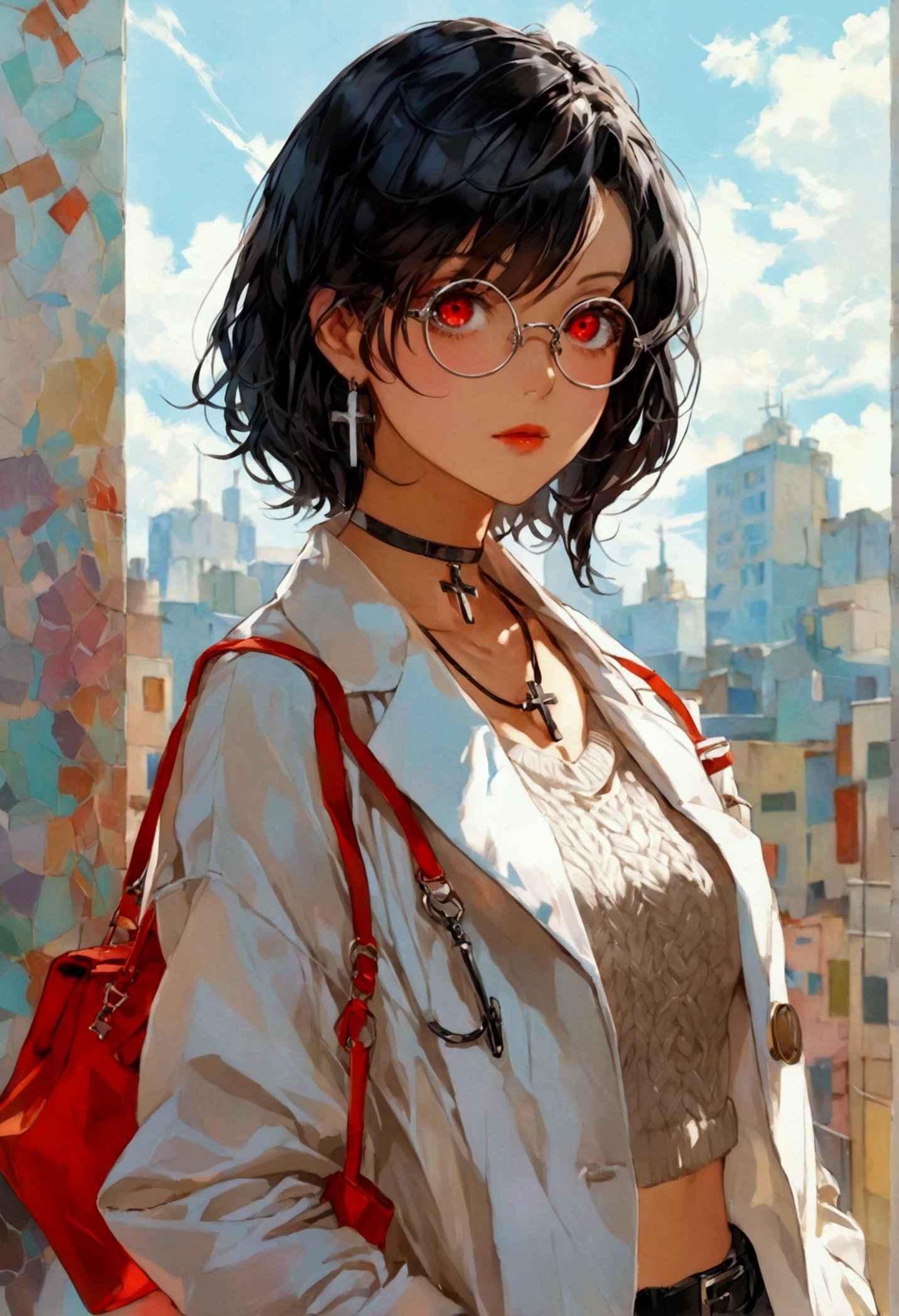 1 woman, anime style, short hair, black hair, narrow eyes, sharp eyes, red eyes, hair over eye, hair over eye, medium-sized chest, sweater, red sweater, black jeans, wide jeans, very wide jeans, high waist jeans, black cross, cross on the neck, long doctor's coat, white doctor's coat, round (semicircular) glasses, black glasses frame, black boots, high-soled boots, black gloves on hands, white bag, shoulder bag.