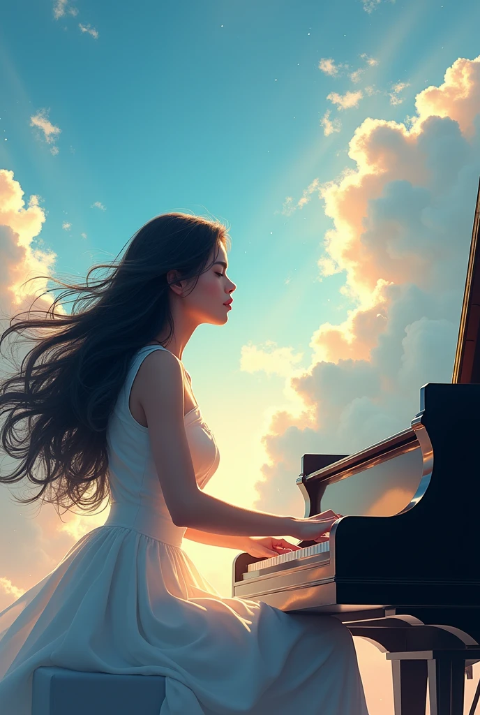 Beautiful sky as a background、A woman in her twenties sitting in front of a piano, pianist, Beautiful digital art, Her long black hair fluttering in the wind, Great composition, Emotional concept art, Great composition, Surrounded by clouds and light, Shining Light, A masterpiece of bright light, Great composition, God of Music, 