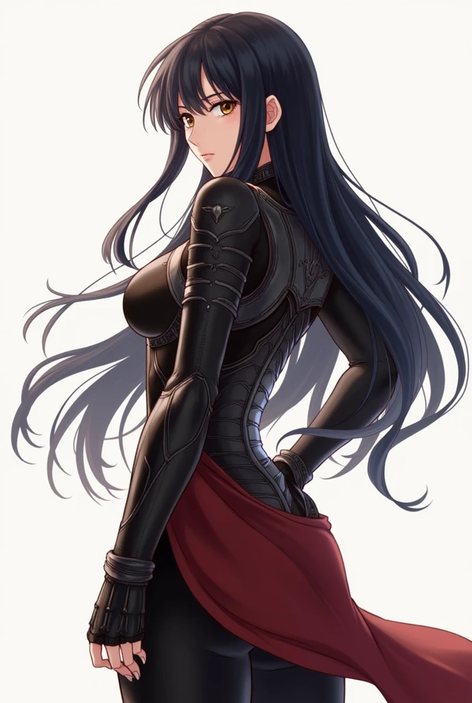 Ayra (Fire Emblem Heroes), masterpiece, best quality, 1girl, long hair, brown eyes, solo, black hair, looking back, from behind, looking at viewer, chest plate, skirt open in the side from the waist, lips, hand on hip, gloves, pants, fingerless gloves, breasts, black pants
