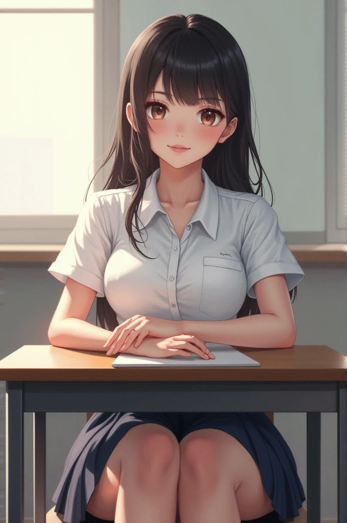 top-quality, masterpiece, Beautiful girl sitting at desk, hi-school girl, Uniforms, plump big breasts, open legs, White blouses, pleatedskirt, Shy look, pussy
