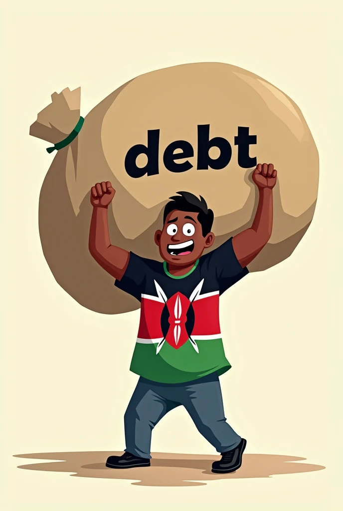  Cartoon wearing tshirt with kenyan flag colors and struggling to lift heavy load labelled debt