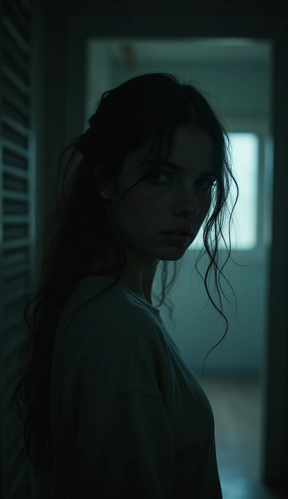 ((best quality)), ((Masterpiece)), (details), She quickly turned back to look, but saw no one. Mind felt goosebumps and began to have the feeling that she was not alone.