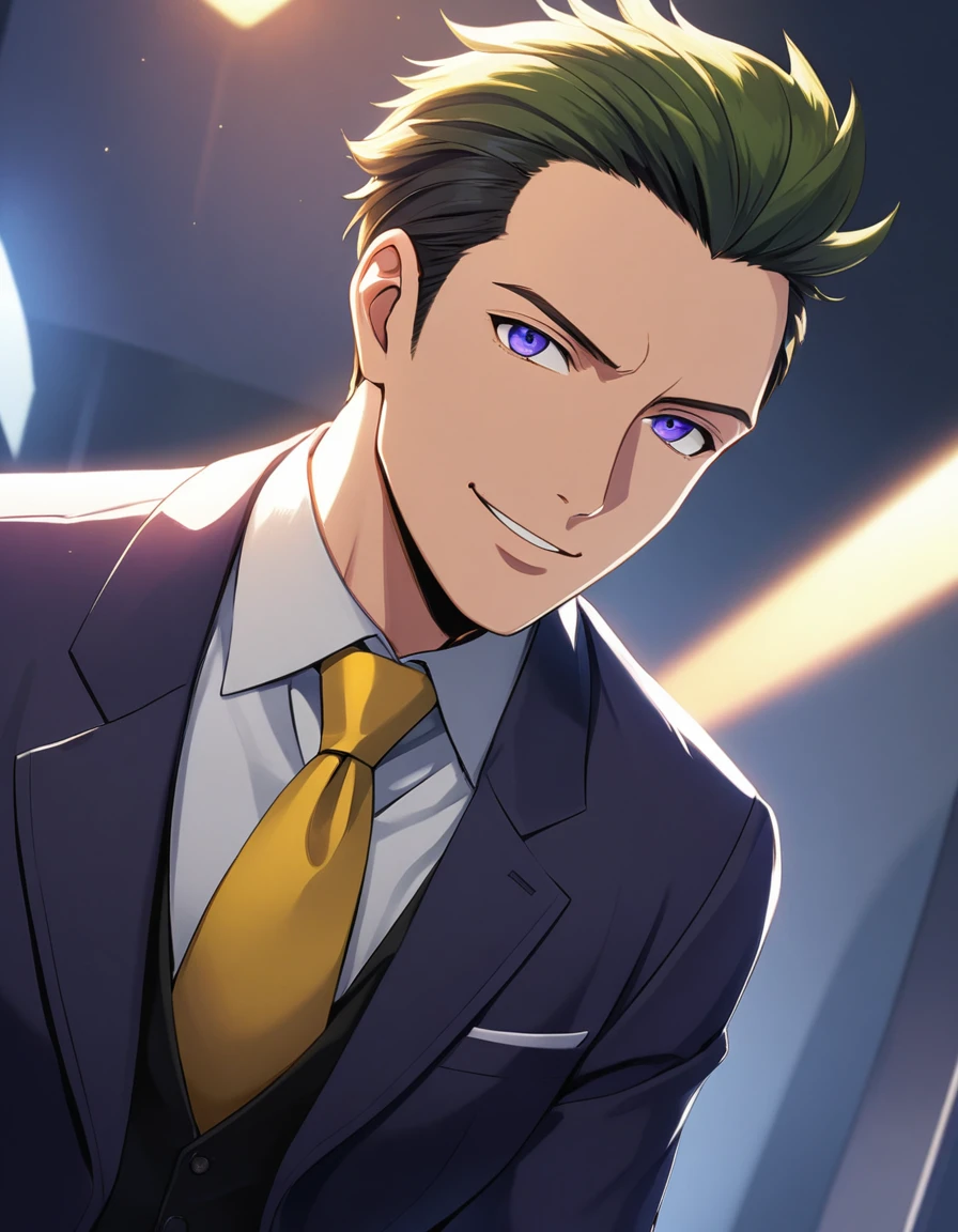 1man, (mature father in old hentai CG style, dandy president, moss olive hair, deepblue eyes, arafed spiky hair slicked back, businessman hairstyle), ideal ratio body proportions, BREAK (over 30s, elder producer, toned dilettante, high cheekbones, broad shoulder, square shaped face, handsome, beautiful detailed eyes, under 40s), BREAK (violet formal jacket, purplewhite shirt, yellow necktie, simple costume), BREAK solo, cool smile, smart emotion, BREAK upperlegs, romantic expression, 2000s, visual novel, in nitroplus style, BREAK depth of field, dutch angle, cinematic shadows, cinematic lighting, lens flare, light leaks, texture, absurdres absolutely resolution, extreme all detailed, greatest paint, BREAK masterpiece, best quality