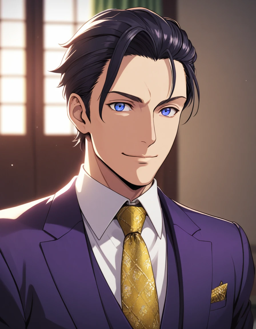 1man, (mature father in old hentai CG style, dandy president, moss olive hair, deepblue eyes, arafed spiky hair slicked back, businessman hairstyle), ideal ratio body proportions, BREAK (over 30s, elder producer, toned dilettante, high cheekbones, broad shoulder, square shaped face, handsome, beautiful detailed eyes, under 40s), BREAK (violet formal jacket, purplewhite shirt, yellow necktie, simple costume), BREAK solo, cool smile, smart emotion, BREAK upperlegs, romantic expression, 2000s, visual novel, in nitroplus style, BREAK depth of field, dutch angle, cinematic shadows, cinematic lighting, lens flare, light leaks, texture, absurdres absolutely resolution, extreme all detailed, greatest paint, BREAK masterpiece, best quality