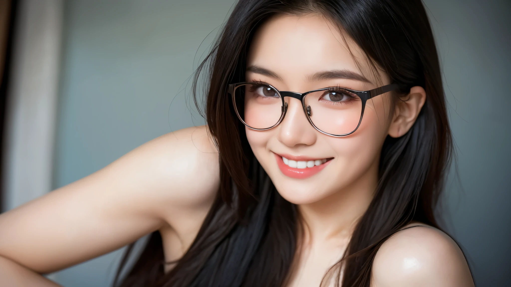 A 16k realistic portrait masterpiece, realistic soft detailed lines, highest resolution, every detail, meticulousness, depth of field, bright colors, beautiful composition: a girl Teenage girl wearing glasses smiling happily, light makeup with black hair and beautiful innocent detailed eyes, standing on a dark and ominous scene. sexy silk dress.