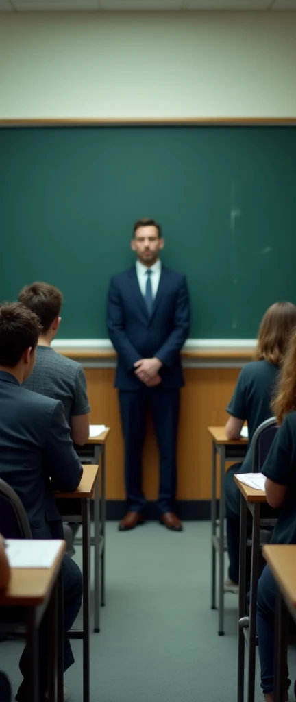 In the style of real movies,Exam in the classroom,Students sit at desks with their backs to the camera and answer questions seriously,Podium,blackboard,The invigilator stood in the middle and looked down to see if any student was cheating.