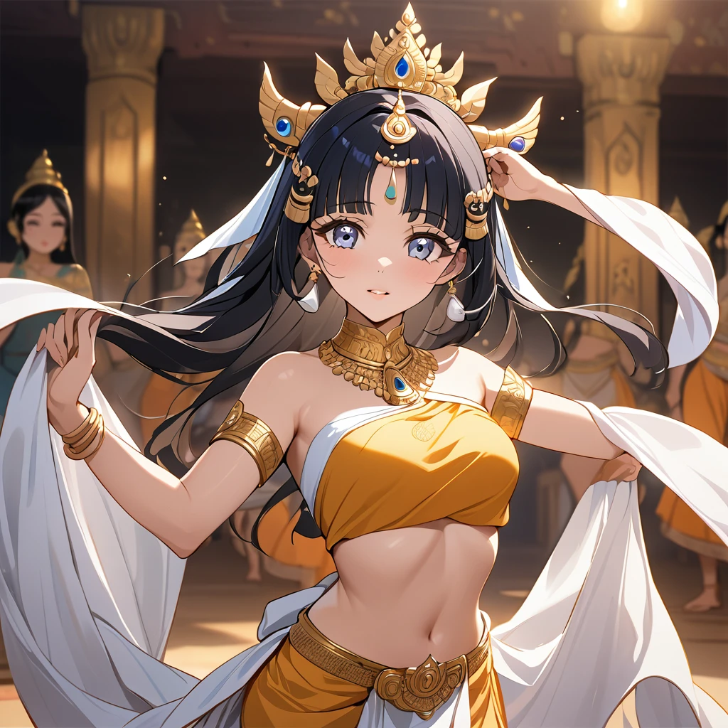 ((Highest quality)), ((masterpiece)), (detailed), （Perfect Face）、The woman is Reika Aoki with semi-long hair、A woman is dancing the Apsara dance in Cambodia wearing the costume of the Cambodian dance Apsara.