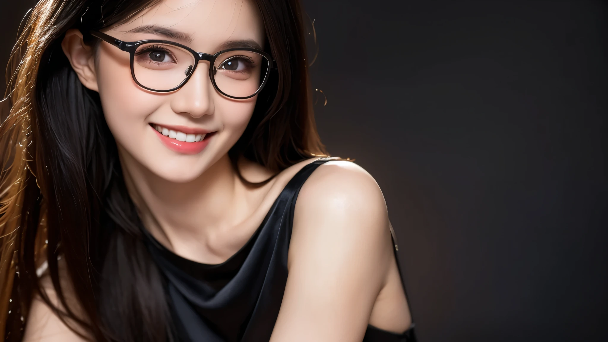 A 16k realistic portrait masterpiece, realistic soft detailed lines, highest resolution, every detail, meticulousness, depth of field, bright colors, beautiful composition: a girl Teenage girl wearing glasses smiling happily, light makeup with black hair and beautiful innocent detailed eyes, standing on a dark and ominous scene. sexy silk dress.