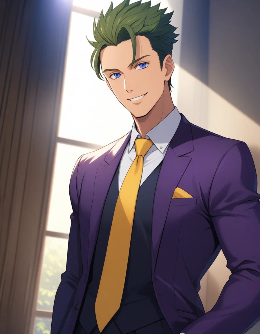 1man, (mature father in old hentai CG style, dandy president, moss olive hair, deepblue eyes, arafed spiky hair slicked back, businessman hairstyle), ideal ratio body proportions, BREAK (over 30s, elder producer, toned dilettante, high cheekbones, broad shoulder, square shaped face, handsome, beautiful detailed eyes, under 40s), BREAK (violet formal jacket, purplewhite shirt, yellow necktie, simple costume), BREAK solo, cool smile, smart emotion, BREAK upperlegs, romantic expression, 2000s, visual novel, in nitroplus style, BREAK depth of field, dutch angle, cinematic shadows, cinematic lighting, lens flare, light leaks, texture, absurdres absolutely resolution, extreme all detailed, greatest paint, BREAK masterpiece, best quality