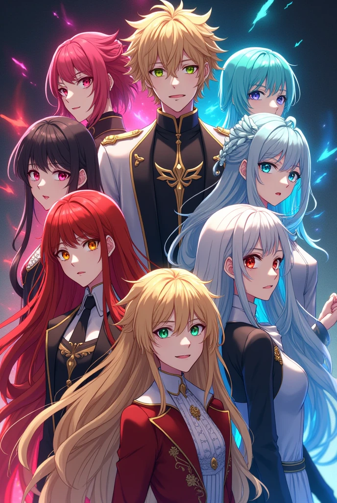 Create an group of anime character using these names:
1. Brother - Prince Frederick Blackwood (Freddy) (he had an green eyes, brown hair, his style resembles of trust, luxury, natural, passion, smart, calm, trust, and earth magic user)
2. Sister - Princess Bionna Scarlet Blackwood (Yunna) (she had red eyes, red hair, her style resembles of scarlet phantom scythe)
3. Sister - Princess Diana Blackwood (Dian)
(Her eyes are neon, her hair is blonde, her style resembles of passion, ambitious, bold, natural, archer and explosive magic)
4. Brother - Prince Charles Blackwood (Charlie) (his eyes are orange, his hair is sky blue, his style resembles of health, attraction, stand out, youthful, happiness, natural, passion, swordsman and benevolence)
5. Brother - Prince Benjamin Blackwood (Benji) ( his eyes are green, his hair is plain black, his style resembles of envy, jealousy, madness, and anger)
6. Brother - Prince Aizen Grayford Blackwood (Gray)
(His eyes are dark red, his hair dark red, his style resembles of hatred, love, ambitious, mysterious, elegance, creative, sadness, madness, arrogant, bold, power, evil, strength, hunger. )
7. Sister - Princess Emily Mae Blackwood (Mae Mae)
(Her eyes are blue ocean, her hair is glowing white, her style resembles of simplicity, sensitive, caring, considerate, power, passion, bold, natural , and benevolence)
8. Sister - Princess Grace Blackwood (Gracie)
(Her eyes are pink, her hair is pitched Pink, her style resembles of tenderness, caring, cheerful, energy, passion, sunshine, hope, happiness, sadness, sympathetic, sensitive, emotional, and love)
Create an 8 anime character. 1. Brother - Prince Frederick Blackwood (Freddy) (he had an green eyes, brown hair, hes style resembles of earth magic user)
2. Sister - Princess Bionna Scarlet Blackwood (Yunna) (she had red eyes, red hair, her style resembles of scarlet phantom)
3. Sister - Princess Diana Blackwood (Dian)
(Her eyes are resembles of yellow,