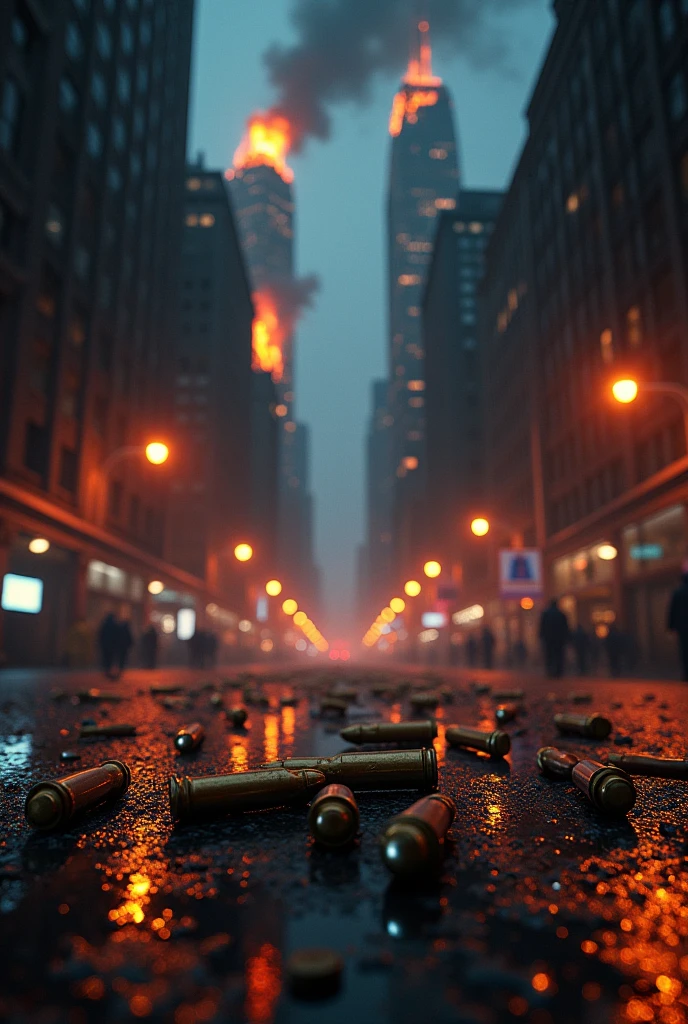 New York, at night, Street lighting, Ammunition on the ground, burning skyscrapers