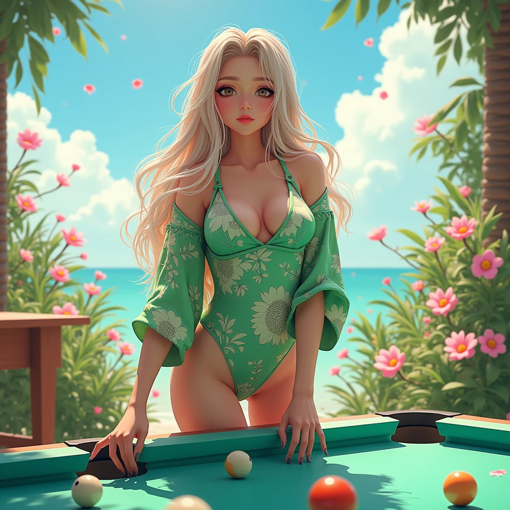 (Browsing Caution),One person, ((Green kimono-like swimsuit)), long kimono, (Off the shoulder, Cleavage, Large Breasts), Play pool、Floral print, , (barefoot）、short hair, Sandals, whole body, Are standing, (whole body像),(masterpiece, high quality, 最high quality), (colorful),(Delicate eyes and face), Volumetric Light, Ray Tracing, Highly detailed CG Unity 8k wallpaper,alone, ((Flying petals)), Outdoor, ,Flowers,  blue sky, sunlight,