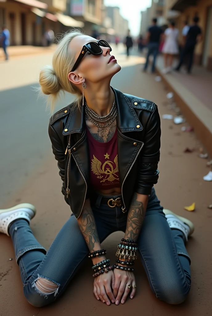 russian old milf woman, , blonde platinum hair (beehive bun) and oversized square sunglasses as headband), with very light green eyes, extremely pale. No tan. Wearing studded aged cropped black moto jacket (zippers on the side). Cropped short dark burgundy push up t-shirt with winged hammer and sickle logo and gothic lettering,, dark skinny low rise blue jeans with holes on knees (white cotton visible). White tennis sneakers. Lots of thick wide studded bracelets, chain collars and big rings. Tacky wide studded leather belt with big eagle oval buckle. Long earrings with chains. Kneeling and looking up at the sky, stretching her neck.. Hands on knees, spread legs, Toned abdominals, thin neck, slim legs and thin arms. Narrow hips. Heavily tattooed in colour on chest, hands, neck and arms. Crowded street of Nairobi