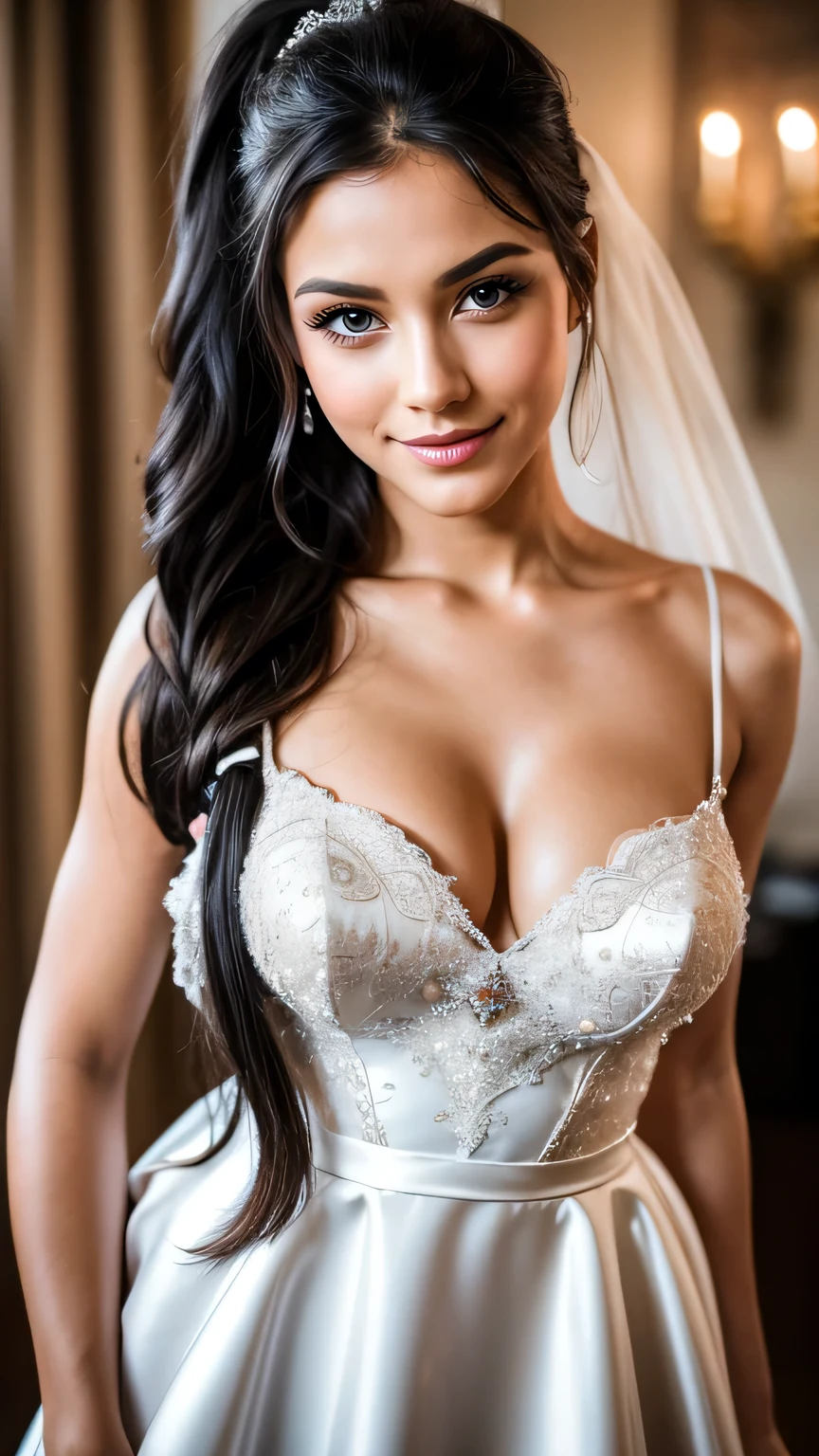 Realistic full body photo of a smiling black-haired young girl with long hair, ponytail hairstyle, She dances in front of the camera in a long A-line wedding dress with straps made of shiny satin., Park,glamour fotoshooting, Wedding celebration, perfect anatomy, perfect brown eyes. Perfect hands with 5 fingers on each hand, Matching girl, look into the camera, 1 Frau. (Eye make up:1.1), (highly detailed skin:1.1), spirit, analog style, keen focus, 8K UHD, dslr, good quality, Fujifilm XT3, Grain, Award-winning, masterpiece. Wedding celebration