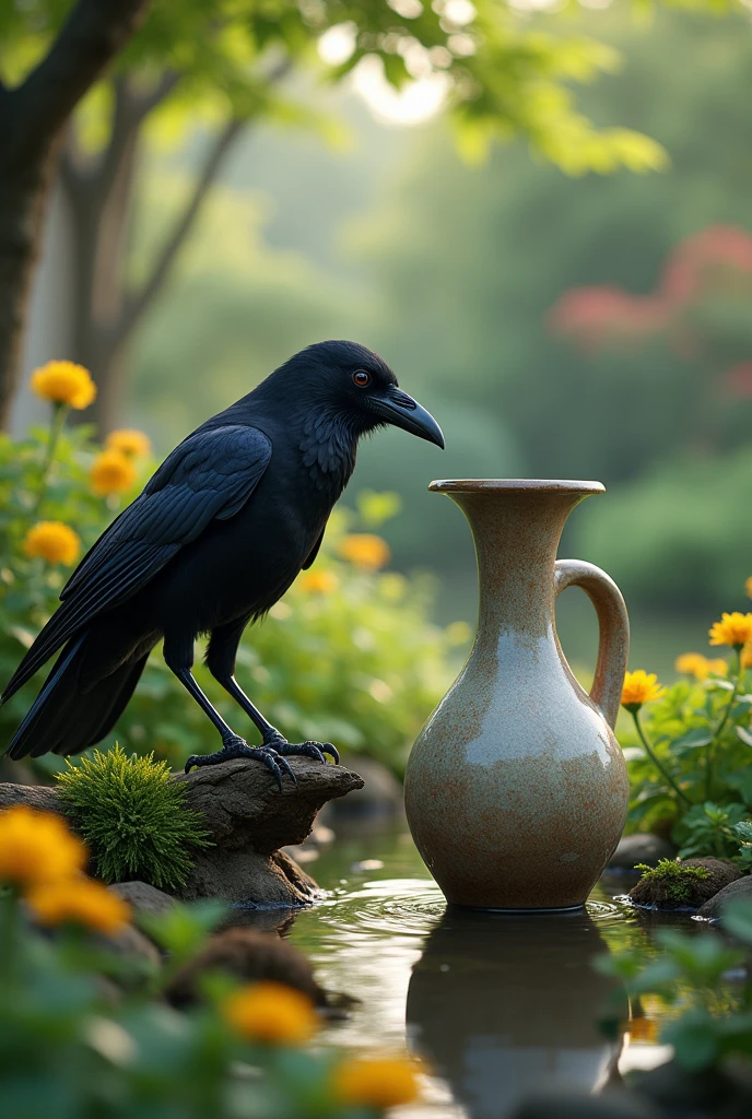 A black crow saw a water jug in the garden