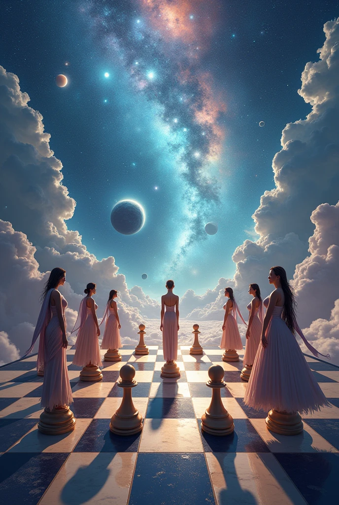 space chess. Girls instead of figures. detailing of space, detailing girls