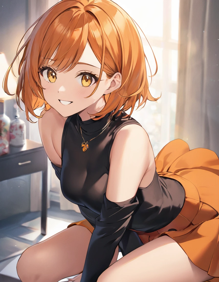 Beautiful self-confidence々Smiling adult woman、((Orange short hair))(Yellow Eyes)、(She&#39;s dressed as a sexy wizard)、Close-up of face、Have a magic wand
